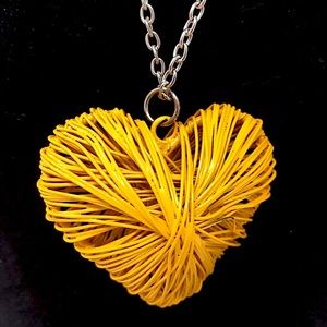 Yellow Enamel Metal Wire Wrapped Heart Pendant Necklace